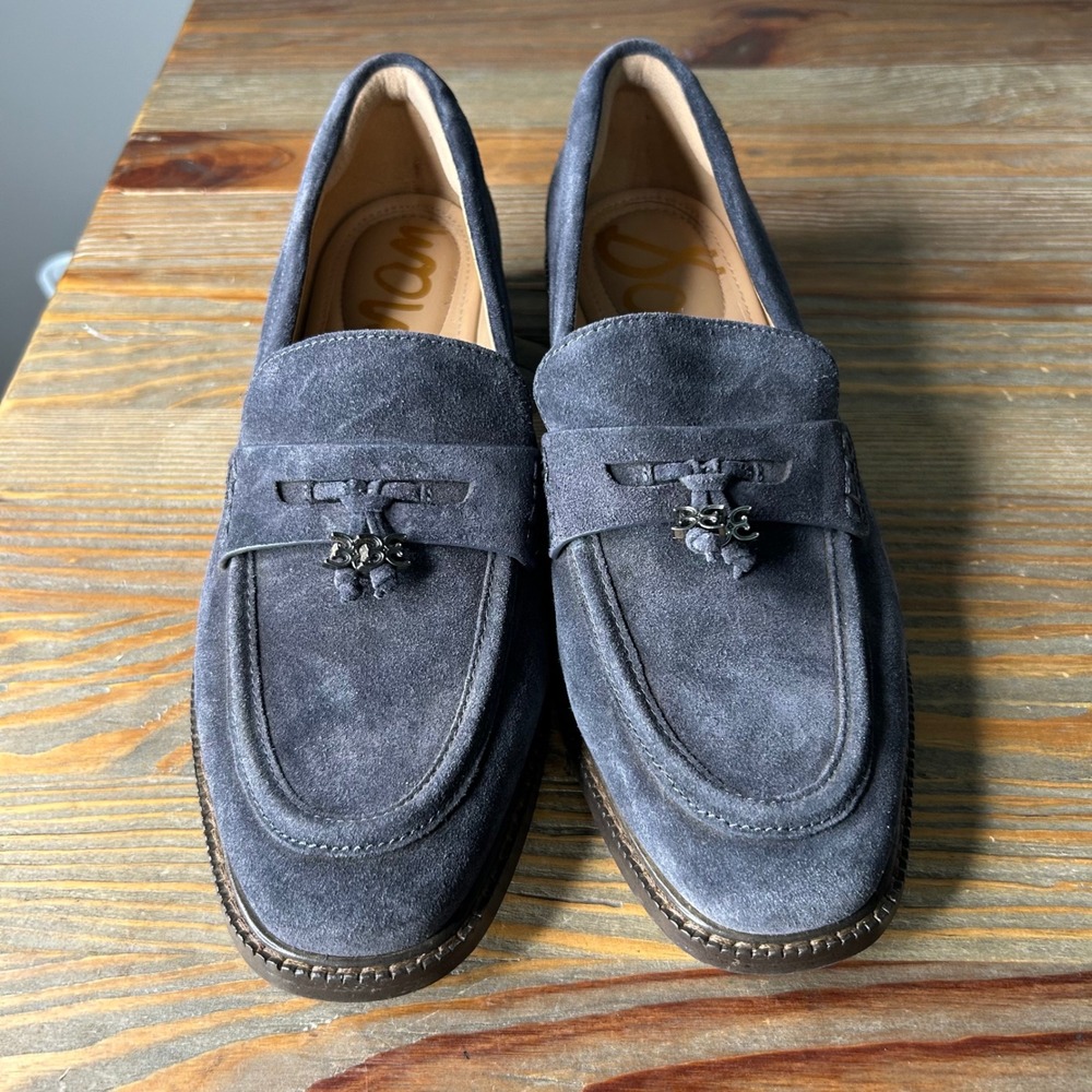 Sam Edelman Denise Slate Blue Suede Penny Loafers Silver SE Logo Shoes 7M EUR 37 - Picture 2 of 10